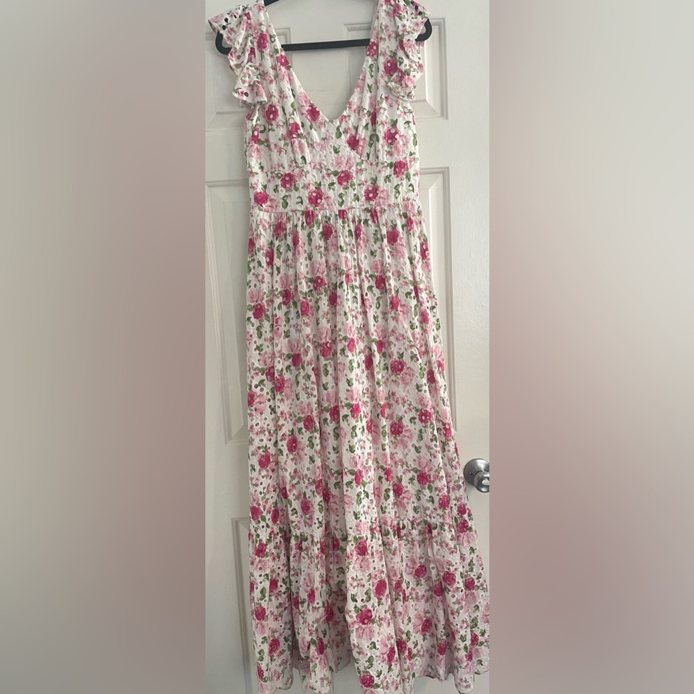 Altar'd State Floral Pink and Green Eyelet Maxi Dress